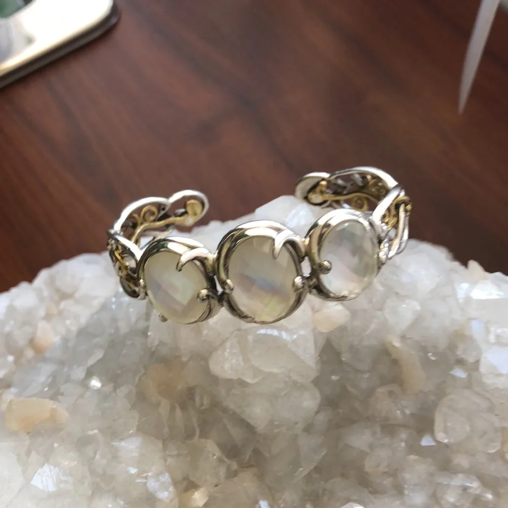 Carolyn Pollack Designer Sterling Silver Brass MOP Cuff Bracelet Boho Casual